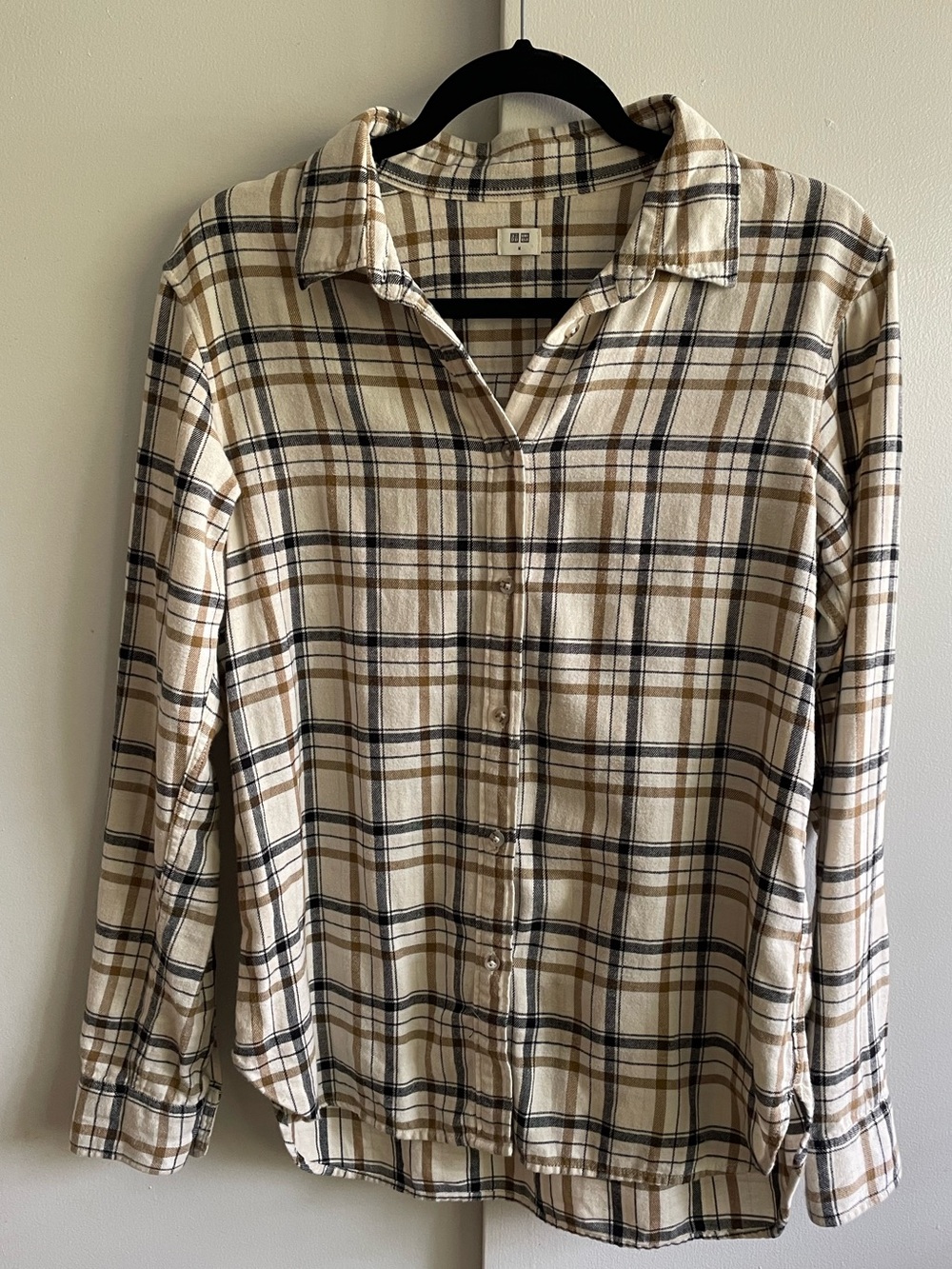 UNIQLO Cream and Brown Plaid Button-Down Shirt